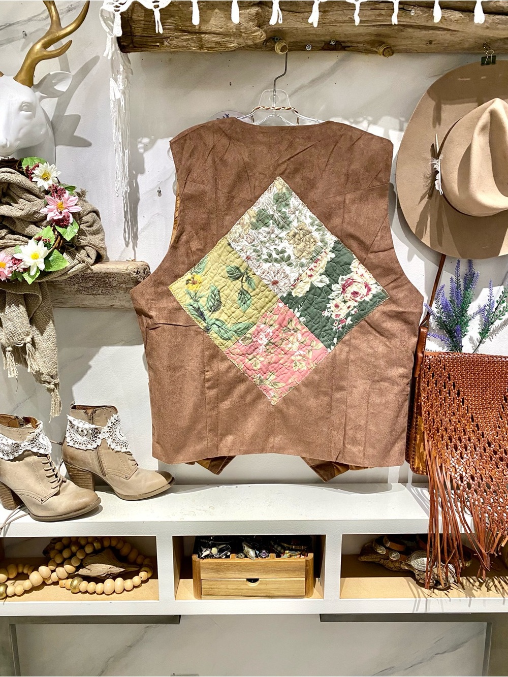 Upcycled Quilted back detailing on vegan suede boho vest rustic cottagecore vibe